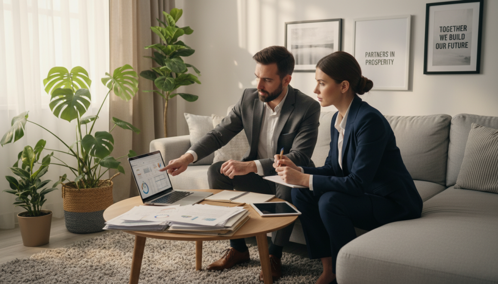 A cozy, modern living room scene that depicts a couple sitting together at a small, round coffee table covered with financial documents and a laptop. The couple, dressed in professional business attire, are engaged in a serious but collaborative discussion, reflecting determination and teamwork in overcoming financial challenges. Soft, warm lighting filters through a nearby window, creating a welcoming atmosphere, while houseplants in the background add life to the space. The room is decorated with neutral tones and a few personal touches, like framed photos and motivational quotes on the walls, emphasizing stability and partnership in financial matters. The angle captures both their focused expressions and the intimate environment, fostering a mood of hope and resilience.
