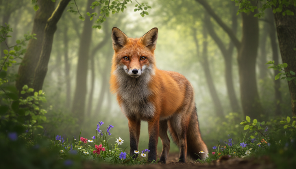 A cunning fox stands elegantly in a serene forest clearing, its lush, reddish-orange fur dazzling in the soft, dappled sunlight filtering through the vibrant green leaves above. The fox's keen eyes exude intelligence and wisdom, reflecting its role as a guide of agility and analysis. In the foreground, delicate wildflowers blossom, adding a pop of color, while behind, towering trees create a sense of depth and tranquility. The atmosphere is peaceful yet alert, with a slight mist hovering near the ground, enhancing the mystical feel of this natural setting. The image is captured in a soft focus, showcasing the fox in sharp detail while softly blurring the lush background, evoking a sense of calm introspection and guide-like serenity.