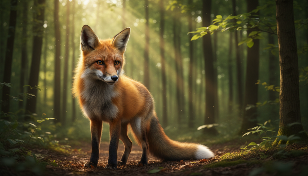 A cunning fox with a vibrant orange coat and striking white-tipped tail stands alert in a lush green forest. The foreground features the fox intricately detailed, its keen amber eyes reflecting intelligence and curiosity. In the middle ground, soft rays of golden sunlight filter through the trees, creating a dappled light effect on the forest floor, enhancing the overall atmosphere of mystery and cleverness. The background is filled with tall, slender trees, their leaves forming a rich canopy that adds depth to the scene. The mood is enchanting and serene, capturing the essence of the fox as a symbol of wisdom and dexterity, embodying the astuteness associated with Gemini. The image should have a slightly blurred background to emphasize the fox in a crisp, focused detail. A cunning fox with a vibrant orange coat and striking white-tipped tail stands alert in a lush green forest. The foreground features the fox intricately detailed, its keen amber eyes reflecting intelligence and curiosity. In the middle ground, soft rays of golden sunlight filter through the trees, creating a dappled light effect on the forest floor, enhancing the overall atmosphere of mystery and cleverness. The background is filled with tall, slender trees, their leaves forming a rich canopy that adds depth to the scene. The mood is enchanting and serene, capturing the essence of the fox as a symbol of wisdom and dexterity, embodying the astuteness associated with Gemini. The image should have a slightly blurred background to emphasize the fox in a crisp, focused detail.