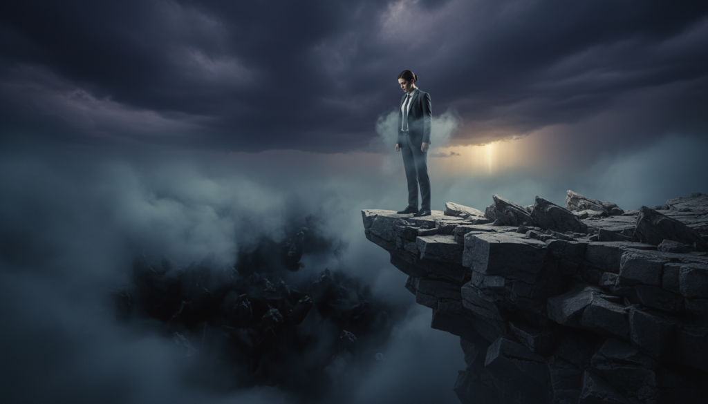 A dark, moody landscape depicting a lone figure standing at the edge of a cliff, shrouded in mist that symbolizes uncertainty and fear. The figure, dressed in professional business attire, gazes down into a swirling abyss, representing the fear of failure. In the background, stormy clouds gather, contrasting with a faint light breaking through, hinting at hope and healing. The foreground features jagged rocks, enhancing the sense of danger and overwhelming anxiety. The scene is captured with dramatic lighting, creating deep shadows and highlighting the figure's expression of contemplation and trepidation. The atmosphere is tense and evocative, embodying the constant shadow of fear that looms over personal growth and emotional healing. A dark, moody landscape depicting a lone figure standing at the edge of a cliff, shrouded in mist that symbolizes uncertainty and fear. The figure, dressed in professional business attire, gazes down into a swirling abyss, representing the fear of failure. In the background, stormy clouds gather, contrasting with a faint light breaking through, hinting at hope and healing. The foreground features jagged rocks, enhancing the sense of danger and overwhelming anxiety. The scene is captured with dramatic lighting, creating deep shadows and highlighting the figure's expression of contemplation and trepidation. The atmosphere is tense and evocative, embodying the constant shadow of fear that looms over personal growth and emotional healing.