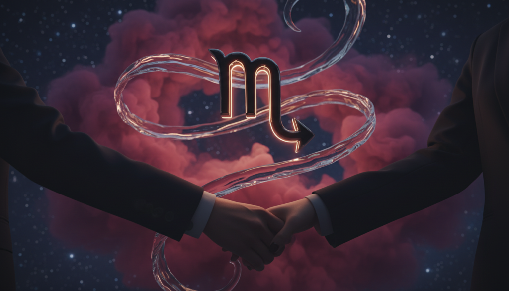 A deeply emotional representation of a Scorpio's essence in love, featuring a stylized Scorpio symbol at the center, surrounded by flowing, ethereal water elements symbolizing passion and intensity. In the foreground, a pair of elegantly intertwined hands in professional attire, conveying connection and intimacy. The middle ground includes deep red and violet hues softly swirling together, representing the mysterious and emotional nature of Scorpio. In the background, a soft focus on a starry night sky with constellations hinting at the astrological theme. The lighting is moody and atmospheric, with a gentle glow highlighting the Scorpio symbol. Capture this scene with a low-angle shot to evoke a sense of depth and reverence, creating a captivating and warm ambiance that reflects love and emotional depth.