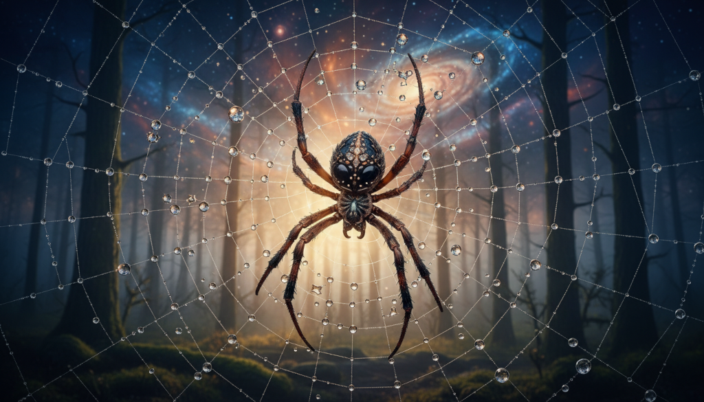A detailed and intricate depiction of a spider, symbolizing the architect of destiny, positioned in the foreground. The spider's delicate web, glistening with morning dew, reflects the design and complexity of life's paths. In the middle ground, soft, blurred silhouettes of a mystical forest create an enchanting atmosphere, illuminated by gentle rays of sunlight filtering through the leaves. The background features ethereal, swirling clouds that hint at the vastness of the universe. The overall color palette is rich with deep blues and earthy browns, evoking a sense of mystery and spirituality. The lighting is soft and warm, enhancing the mood of contemplation and connection, with a slight focus on the spider, inviting admiration and introspection. A detailed and intricate depiction of a spider, symbolizing the architect of destiny, positioned in the foreground. The spider's delicate web, glistening with morning dew, reflects the design and complexity of life's paths. In the middle ground, soft, blurred silhouettes of a mystical forest create an enchanting atmosphere, illuminated by gentle rays of sunlight filtering through the leaves. The background features ethereal, swirling clouds that hint at the vastness of the universe. The overall color palette is rich with deep blues and earthy browns, evoking a sense of mystery and spirituality. The lighting is soft and warm, enhancing the mood of contemplation and connection, with a slight focus on the spider, inviting admiration and introspection.