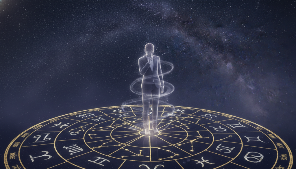 A detailed and mystical interpretation of a "carta astral" set against a starry night sky. In the foreground, a beautifully designed astrological chart filled with zodiac symbols, constellations, and intricate lines, subtly glowing with gold accents. In the middle ground, a half-transparent figure of a person in modest, professional attire stands contemplatively, gazing at the chart. Their expression is reflective and serene, suggesting a connection to their past lives. The background is a deep indigo sky sprinkled with twinkling stars and ethereal clouds, creating a dreamy atmosphere. Soft, ambient lighting enhances the celestial theme, casting gentle highlights on the chart and figure. This scene evokes a sense of introspection and cosmic wonder, embodying the connection between astrology and the concept of reincarnation.