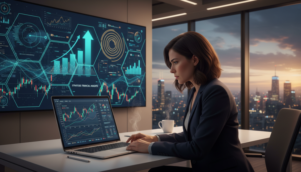 A detailed technical analysis scene set in a modern office environment. In the foreground, a professional woman in business attire, intently analyzing charts and data on a sleek laptop. She has a thoughtful expression, surrounded by various graphs and stock market indicators on her screen. In the middle ground, a large digital display presents complex financial diagrams, showing upward trends and analyses. The background features a panoramic window with a city skyline, suggesting a dynamic business atmosphere. Soft, ambient lighting highlights the workspace, casting warm tones that enhance focus and productivity. The mood is one of concentration and professionalism, emphasizing a theme of strategic growth and financial insight.