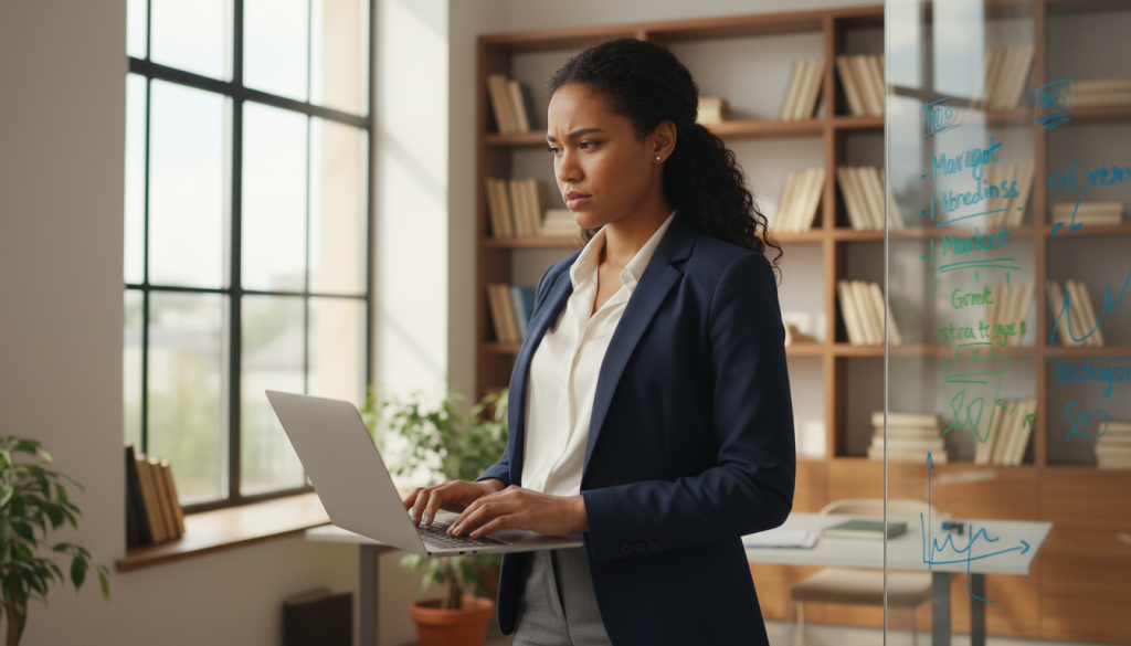 A determined Virgo entrepreneur stands confidently in a modern office space, embodying the essence of entrepreneurial spirit. In the foreground, the individual, a young mixed-race woman, is dressed in a smart, professional outfit, deep in thought while analyzing a business plan on her sleek laptop. In the middle ground, a large window allows natural light to flood the room, casting soft shadows and illuminating charts and graphs displayed on a whiteboard, reflecting strategic thinking and innovation. In the background, shelves filled with books on business and entrepreneurship suggest a well-rounded knowledge base. The atmosphere is inspiring and motivational, with a warm, friendly color palette that enhances the sense of success and ambition. The focus is on the woman's thoughtful expression, illustrating the drive and determination that characterize the Virgo entrepreneurial mindset.