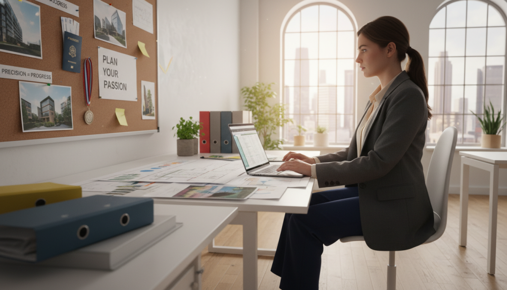 A determined Virgo individual stands at a desk overflowing with neatly organized papers and ambitious project plans. They are dressed in professional business attire, exuding focus and ambition. The foreground showcases their intense concentration, with a close-up of their hands poised over a laptop, symbolizing productivity. In the middle ground, an inspiring vision board is pinned to the wall, displaying goals and motivational quotes that reflect Virgo's meticulous nature. The background features a bright and airy office environment illuminated by soft natural light filtering through large windows, creating a positive and aspirational atmosphere. The composition captures a sense of drive and clarity, emphasizing the essence of ambition associated with the Virgo persona, evoking feelings of motivation and determination. The angle is slightly elevated, offering a panoramic view of the workspace.