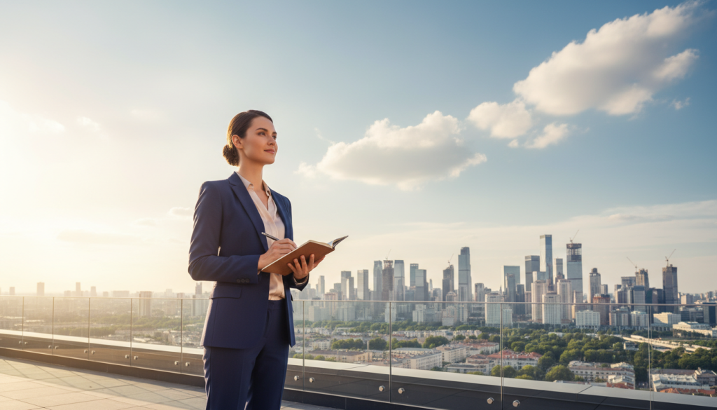A determined individual in professional business attire stands confidently in the foreground, with a subtle smile reflecting ambition and focus. Their eyes gaze towards a bright, thriving city skyline in the middle ground, symbolizing growth and aspirations. The background features clear blue skies with light, fluffy clouds, adding an uplifting tone. Soft golden light filters through, creating a warm and hopeful atmosphere. The scene is captured from a low angle to emphasize the subject's stature and ambition. This vibrant composition embodies the everyday life of a Taurus individual, balancing practicality with ambitious dreams, illustrating the theme of aspiration in daily routines.
