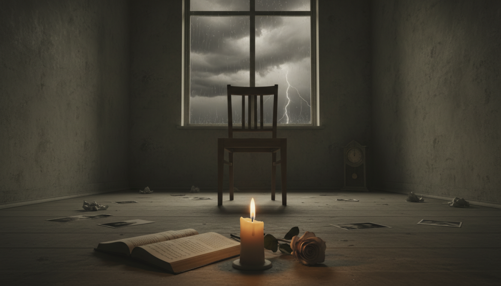 A dimly lit room with a single, empty chair at the center, symbolizing abandonment and loneliness. In the foreground, a softly glowing candle flickers, casting shadows on the walls, creating an atmosphere of introspection and emotional struggle. The middle ground features scattered personal items—an open, forgotten diary and a wilted rose, representing lost love and the pain of separation. In the background, a window with rain streaked across the glass blurs the view of a darkened, stormy sky, illustrating the turmoil of emotions. The light is low and soft, evoking a sense of melancholy, while the angle is slightly above the chair, adding a layer of vulnerability. The overall mood is heavy, inviting reflection on themes of drama and victimization in emotional breakups.