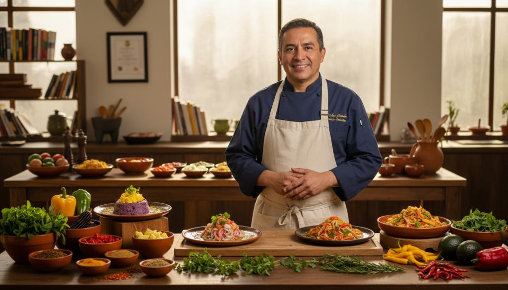 A distinguished male chef, wearing a stylish chef's coat and a crisp apron, stands confidently in a well-lit kitchen adorned with various colorful ingredients and cooking utensils. He has an approachable smile, embodying passion for culinary arts, with a background of vibrant Peruvian dishes elegantly plated on a wooden table. The foreground features an assortment of fresh herbs and spices, hinting at a rich culinary heritage. Soft, warm lighting bathes the scene, highlighting the chef's features and the colorful ingredients, while a slightly blurred background showcases cookbooks and traditional Peruvian utensils. The atmosphere is inviting, suggesting a personal connection to the art of cooking and a transition from legal profession to culinary mastery. The angle is slightly elevated, providing a comprehensive view of the chef and his workspace.