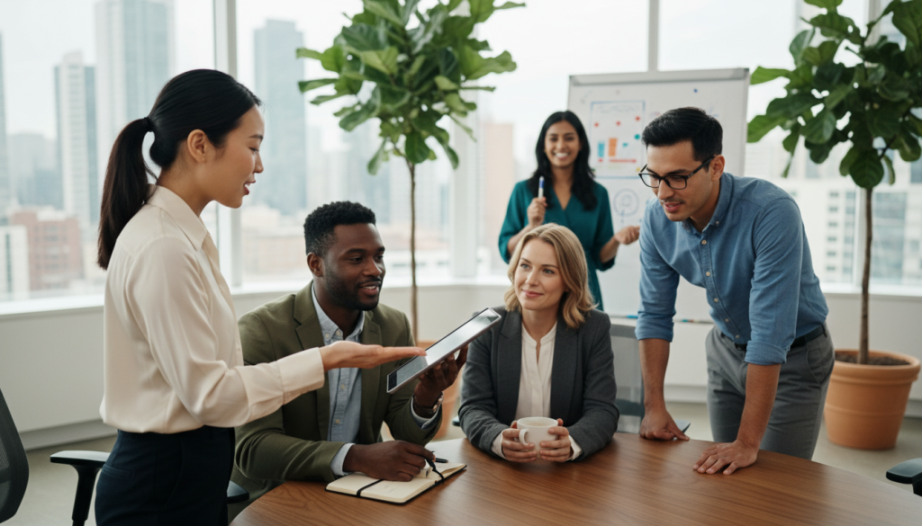 A diverse group of five professionals collaboratively discussing a project in a modern office space, showcasing teamwork and empathy. In the foreground, a woman of Asian descent in a smart, tailored blouse gestures enthusiastically while pointing at a digital tablet. To her left, a Black man in smart casual attire nods thoughtfully, with a notepad open beside him. In the middle, a Caucasian woman in a blazer holds a cup of coffee, listening intently. To her right stands a Hispanic man with glasses, leaning forward with interest. Behind them, large windows let in soft, natural light, illuminating potted plants and contemporary furniture. The atmosphere is warm and inviting, highlighting a sense of purpose and collaboration among the team. The scene is captured using a wide-angle lens from a slightly elevated angle for depth.