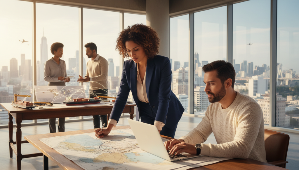 A diverse group of professional individuals engaged in various long-distance careers. In the foreground, a confident woman in business attire is meticulously examining a map while a man in a smart casual outfit uses a laptop, symbolizing modern connections. In the middle, two individuals are discussing plans over a large table filled with blueprints and tools relevant to long-distance trades, such as shipping and transportation. The background features an expansive view of a bustling city skyline under a bright sky, indicating opportunity and prosperity. Use warm, inviting light to create an optimistic atmosphere. The angle should capture both the hustle of the city and the focused determination of the individuals.