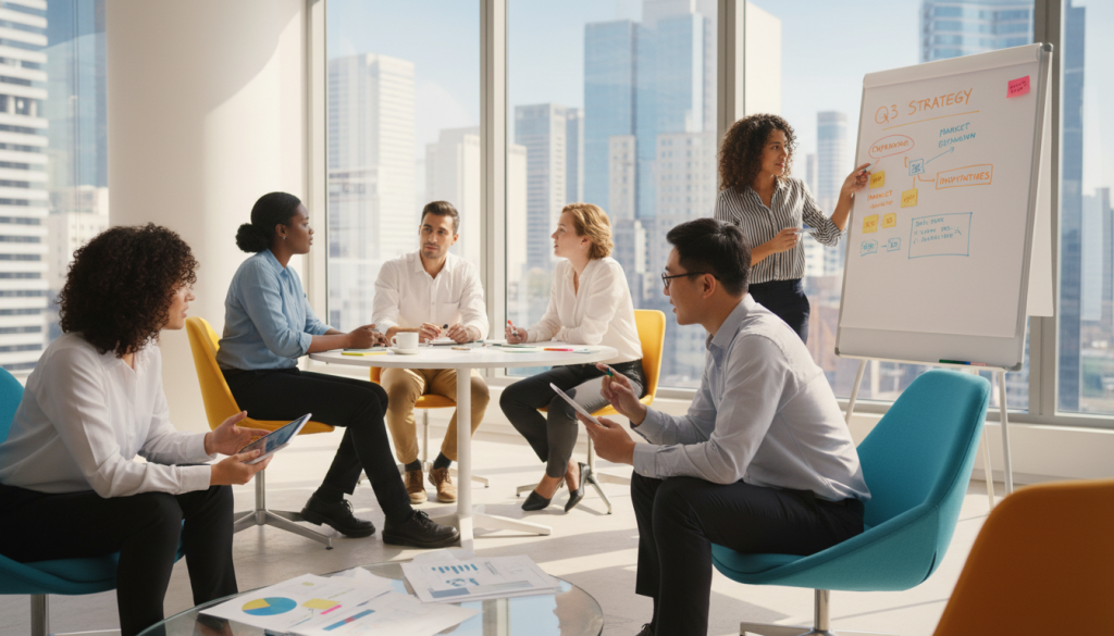 A diverse group of professionals collaborating in a modern office space, portraying successful work dynamics. In the foreground, two individuals—one woman of Hispanic descent and one man of Asian descent—engaged in a focused discussion, surrounded by digital tablets and documents. In the middle, a round table with a diverse team brainstorming, showcasing a whiteboard filled with strategic plans. In the background, large windows revealing a vibrant cityscape, casting soft ambient light into the room. The atmosphere is energetic and positive, emphasizing teamwork and innovation. Use a wide-angle lens to capture the collaborative spirit, with a bright color palette to evoke a sense of growth and opportunity.