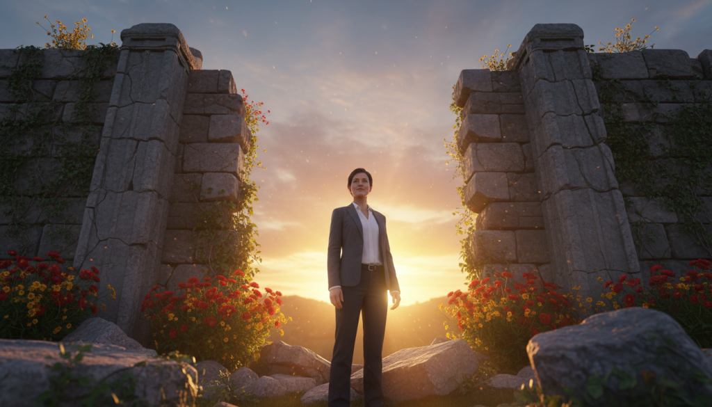 A dramatic scene depicting a person standing confidently in front of crumbling ancient walls, symbolizing the breaking down of past barriers. The foreground features the individual in a modest, professional outfit, gazing intently at the weathered stone structures. The middle ground showcases the remnants of these walls, partially engulfed by creeping vines and hints of vibrant flowers, signifying rebirth and renewal. In the background, a bright sunrise casts a warm, golden light illuminating the scene, creating an uplifting and transformative atmosphere. The image should have a slightly low angle to emphasize the walls' grandeur and the person's resolve. Soft, warm lighting enhances the hopeful mood, embodying the theme of overcoming past limitations.