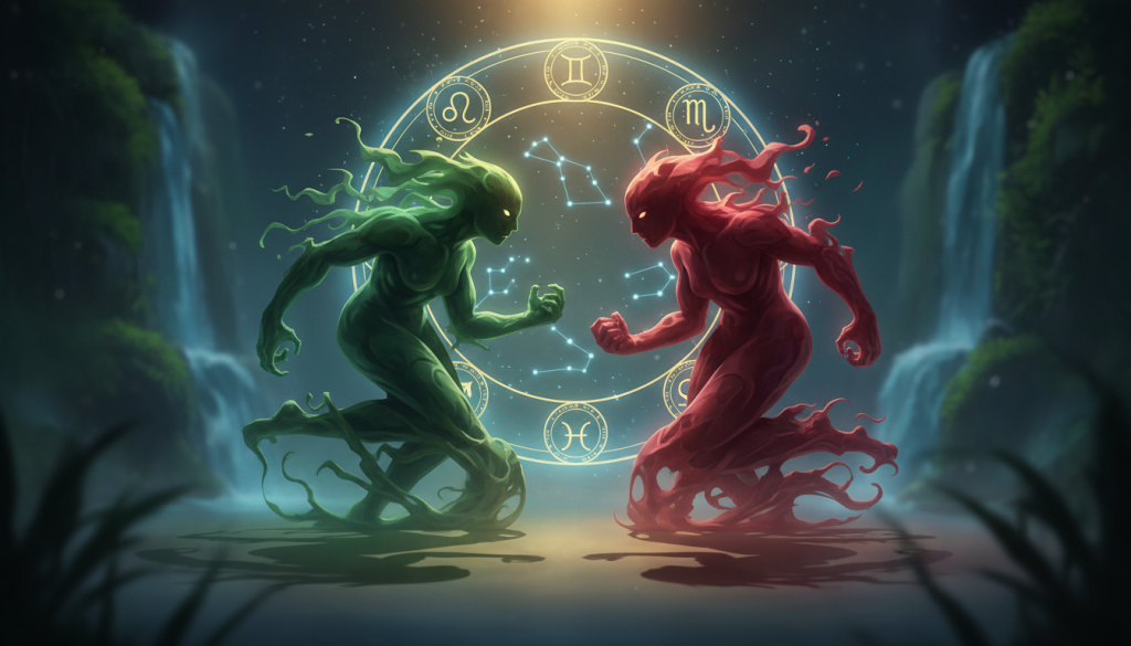 A dramatic scene illustrating the concepts of jealousy and envy in a zodiac context. In the foreground, two abstract figures representing jealousy and envy are depicted in contrasting colors—one in deep green hues symbolizing envy and the other in rich red tones to represent jealousy. The figures have ethereal, swirling forms, suggesting emotional turmoil. In the middle ground, a cosmic backdrop of stars and zodiac symbols softly glows, conveying a sense of the celestial influence on emotions. The background features blurred silhouettes of flowing water and lush greenery, symbolizing growth and reflection. The lighting is moody, with a spotlight effect on the figures, creating an atmosphere of introspection and depth. The composition captures the complexity of jealousy and envy within the zodiac, inviting viewers to explore their differences.