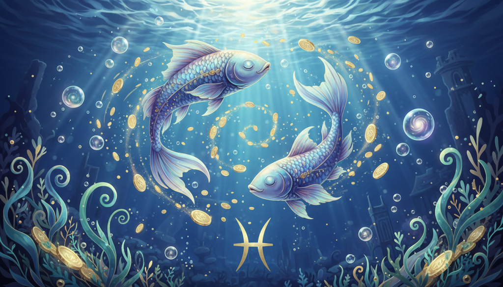 A dreamy illustration of the astrological symbol for Pisces, featuring two fish gracefully swimming in a serene underwater scene. In the foreground, delicate aquatic plants sway gently, illuminated by soft, dappled sunlight filtering through the water's surface. The middle layer showcases the ethereal qualities of Pisces with iridescent bubbles rising, accompanied by shimmering scales reflecting the light. In the background, a tranquil, deep blue ocean fades into darker hues, creating a sense of depth and mystery. The ambiance is calm and introspective, evoking a dreamlike quality, suggesting the dual nature of Pisces's temperament: both imaginative and elusive. Use a wide-angle lens to capture the entire scene in vivid detail, enhancing the magical and tranquil atmosphere, while maintaining a focus on the symbolism of prosperity and fluidity in their financial habits.