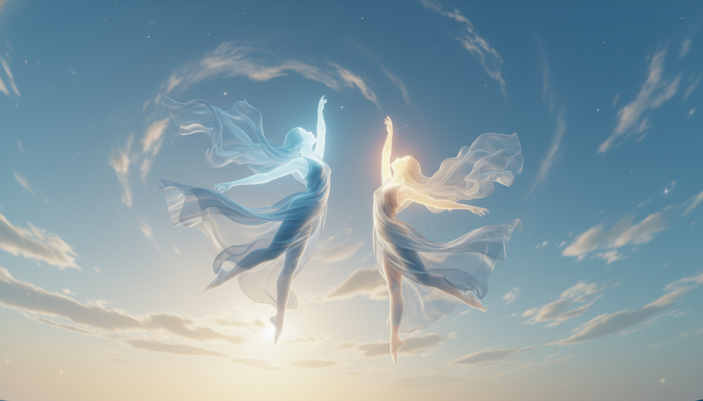 A dynamic and abstract representation of "dualidad signo aire," capturing the essence of duality and movement as vital forces. In the foreground, two ethereal figures embodying the sign of Gemini engage in a graceful dance, their forms merging and separating fluidly, symbolizing dual nature. Soft, billowing fabrics in varying shades of blue and white swirl around them, representing the air element. The middle ground features wispy clouds and light breezes that flow, creating a sense of motion and freedom. In the background, a vast, open sky filled with soft, glowing sunlight casts a warm, inviting atmosphere while subtle hints of stars twinkle, suggesting infinity. The overall mood should evoke a sense of harmony, exploration, and emotional fluidity, with a focus on uplifting and inspiring energy. Use soft lighting, a slight tilt-angle for dynamism, and a wide lens to capture the expansive feeling of the scene.