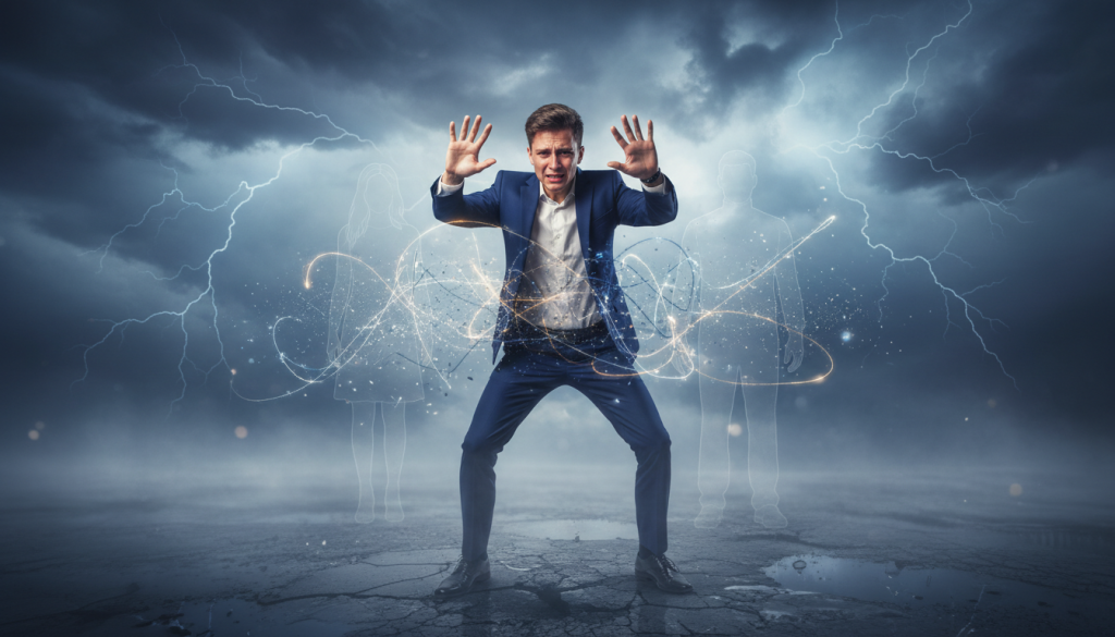 A dynamic and emotional scene depicting the internal struggle of a person experiencing the loss of a commitment. In the foreground, a young adult in professional business attire stands with a conflicted expression, hands raised as if grappling with invisible emotions. The middle ground features abstract representations of memories and connections, such as faded silhouettes of loved ones and intertwining threads symbolizing lost bonds. The background showcases a stormy sky, with dark clouds and flashes of light, symbolizing turmoil and chaos. Soft, diffused lighting creates a somber yet hopeful atmosphere, with a focus on the individual's face, capturing a moment of vulnerability. Use a lens that emphasizes depth, blurring the background slightly to draw attention to the subject's emotional battle.