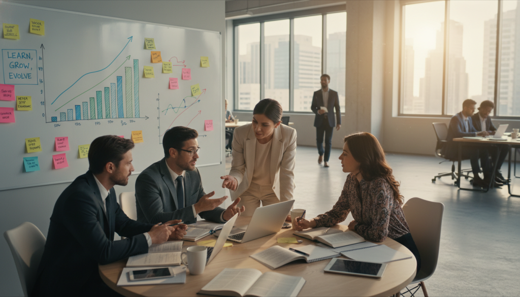 A dynamic and inspiring scene showcasing the concept of "continuous education". In the foreground, a diverse group of three professionals, a man and two women, are engaged in a focused discussion around a table scattered with books, laptops, and notepads. They are dressed in smart business attire, exhibiting a collaborative spirit. The middle ground features a large whiteboard filled with colorful graphs and charts representing growth and ideas, along with inspirational quotes on post-it notes. In the background, a bright and modern office space with large windows letting in warm, natural light, creating an uplifting atmosphere. The overall composition conveys motivation and the importance of lifelong learning, captured from a slightly elevated angle to emphasize the active interaction among the individuals.