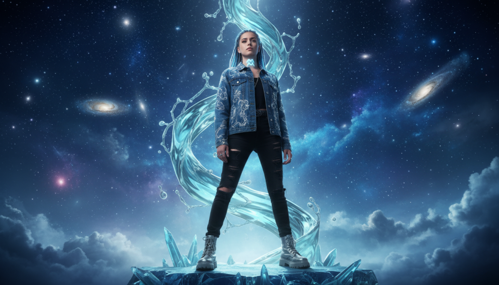 A dynamic and vibrant representation of "Rebel Energy" associated with the zodiac sign of Aquarius. In the foreground, a striking figure symbolizing the Aquarian spirit stands confidently, dressed in trendy casual attire, exuding a rebellious edge. The middle layer features flowing aqua and silver abstract patterns, representing water and air elements, fusing together to create a sense of movement and change. In the background, a cosmic sky filled with twinkling stars and swirling clouds suggests the boundless universe and spiritual growth. Soft, ethereal lighting bathes the scene, enhancing the dreamlike quality. Capture this scene from a slightly upward angle, giving an impression of aspiration and elevation. The overall mood is inspiring and powerful, reflecting the essence of rebellion and a quest for purpose in the spiritual journey of Aquarius.