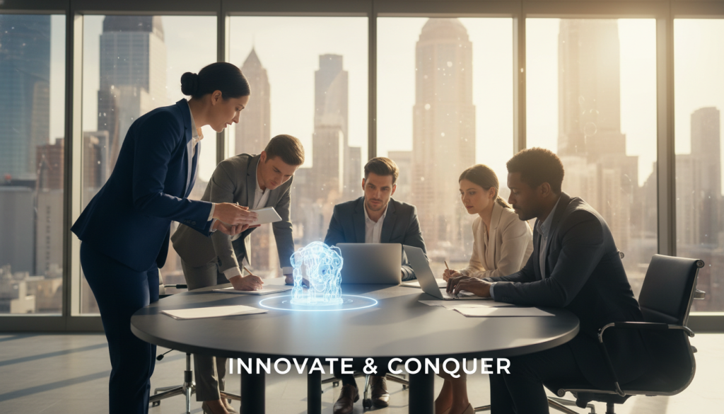 A dynamic business meeting scene in a modern office environment, showcasing a diverse group of professionals in business attire engaged in a brainstorming session. In the foreground, a confident woman presents an innovative product prototype, while the middle ground features colleagues attentively observing and taking notes, their expressions animated and focused. The background reveals large windows with a city skyline view, bathed in warm afternoon light that creates an inspiring and uplifting atmosphere. The lens captures the scene from a slightly low angle, emphasizing the energy and creativity in the room. Overall, the mood conveys collaboration, forward-thinking, and a strong competitive spirit, symbolizing innovation in the face of competition.