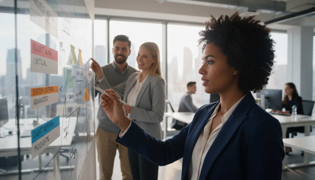 A dynamic office scene depicting a team of diverse professionals engaged in selecting tasks based on complexity. In the foreground, a focused woman in smart business attire analyzes a digital interface displaying various complex tasks, illuminated by the soft glow of a monitor. In the middle ground, two colleagues—one man and one woman—are discussing strategies while standing by a whiteboard filled with colorful notes and diagrams, showcasing a collaborative atmosphere. The background features a modern office setting with large windows, allowing natural light to flood the room, creating an energetic and inspiring mood. The angle captures the team’s engagement, emphasizing teamwork and decision-making. The overall atmosphere should feel optimistic and driven, reflecting ambition and collective success in navigating complex challenges.