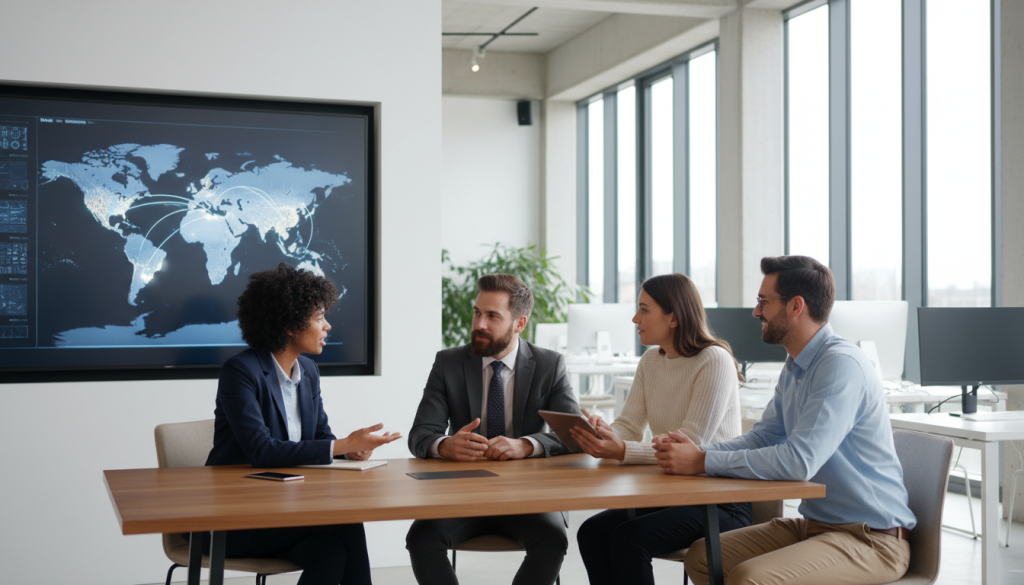 A dynamic office scene illustrating teamwork and diplomacy in action. The foreground shows a diverse group of four professionals, including a woman in a smart blazer, a man in a tailored suit, and two individuals in modest business casual attire, engaged in a thoughtful discussion around a conference table. Their expressions convey collaboration and respect. In the middle ground, a large digital screen displays a world map, symbolizing global connections and cross-cultural communication. The background features modern office architecture with large windows allowing natural light to flood the space, creating an open and inspiring atmosphere. The overall mood should convey professionalism and a sense of harmony within a diverse team, captured with soft, warm lighting to enhance the inviting tone of the scene.