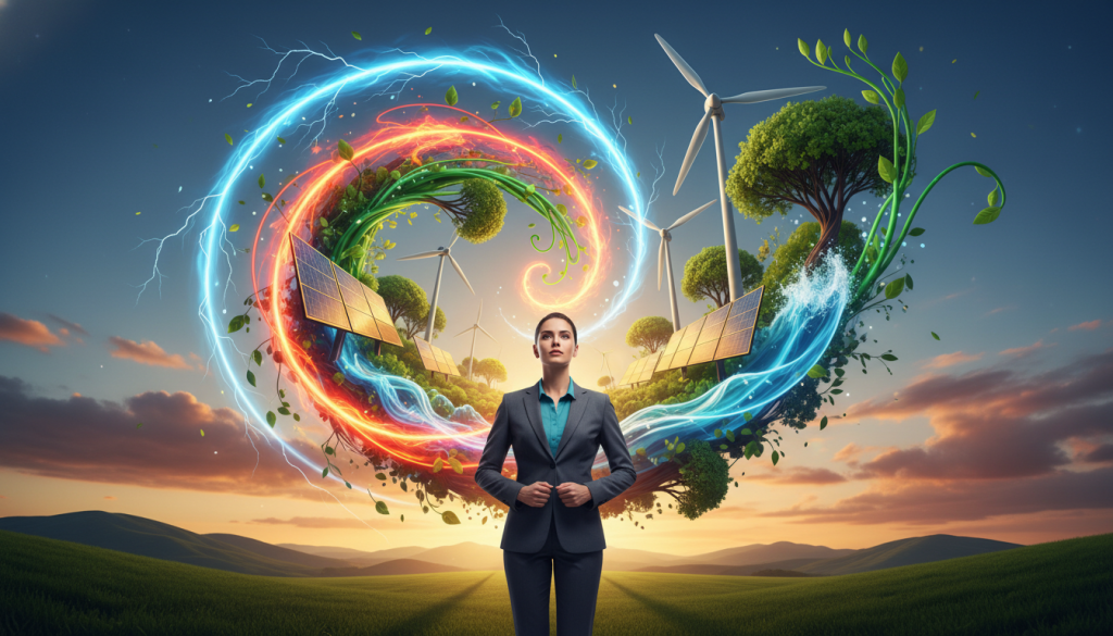 A dynamic scene illustrating "energy transformation" in a metaphorical way. In the foreground, a confident, professional-looking individual in business attire stands amidst a swirl of vibrant colors representing different energy forms, such as light, electricity, and organic elements. In the middle ground, abstract representations of renewable energy sources—like solar panels, wind turbines, and flowing water—intertwine with natural elements like plants and trees, symbolizing harmony between nature and technology. The background features a serene landscape—rolling hills under a bright blue sky that gradually transitions into a sunset filled with warm hues, casting a golden light over the scene. This image should evoke a sense of optimism, innovation, and prosperity. The composition should be well-balanced, with a slightly upward angle that conveys a feeling of aspiration.