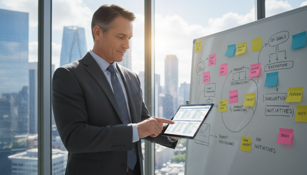 A focused business professional, a middle-aged man wearing a suit with a confident expression, is seen in the foreground, examining a detailed organizational timeline on a digital tablet. In the middle ground, there’s a large whiteboard filled with colorful sticky notes and strategic plans, symbolizing effective time management. The background features a bright office skyline through a floor-to-ceiling window, representing a world of opportunities. The lighting is bright and optimistic, casting natural light that enhances the atmosphere of productivity and determination. The camera angle is slightly tilted downwards, emphasizing the subject's focus and the dynamic office environment. The overall mood conveys a sense of urgency, hope, and strategic foresight in times of change.
