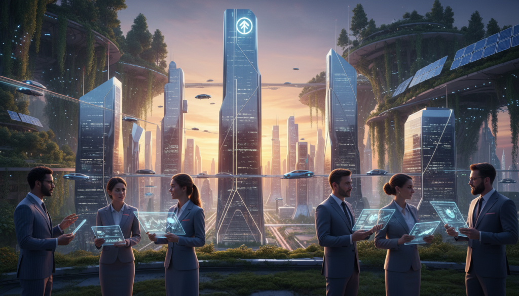 A futuristic cityscape at dusk, where advanced architecture blends with nature, showcasing green spaces and solar panels. In the foreground, a diverse group of professionals in smart business attire are engaged in animated discussions, holding digital tablets displaying graphs and projections. The middle ground features sleek buildings with panoramic windows reflecting a vibrant sunset, while flying vehicles zip through the sky. In the background, towering trees and vertical gardens emphasize sustainable living. The scene is illuminated by soft, warm lighting that creates an optimistic atmosphere, symbolizing prosperity and innovation. The composition captures the essence of forward-thinking and financial strategies for prosperity, with a focus on collaboration and vision. A futuristic cityscape at dusk, where advanced architecture blends with nature, showcasing green spaces and solar panels. In the foreground, a diverse group of professionals in smart business attire are engaged in animated discussions, holding digital tablets displaying graphs and projections. The middle ground features sleek buildings with panoramic windows reflecting a vibrant sunset, while flying vehicles zip through the sky. In the background, towering trees and vertical gardens emphasize sustainable living. The scene is illuminated by soft, warm lighting that creates an optimistic atmosphere, symbolizing prosperity and innovation. The composition captures the essence of forward-thinking and financial strategies for prosperity, with a focus on collaboration and vision.