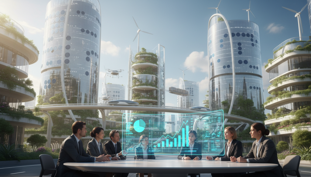 A futuristic cityscape of Aquarius showcasing its economic potential, with sleek, modern architecture featuring transparent structures and lush green spaces. In the foreground, a diverse group of professionals in business attire engage in a brainstorming session at a high-tech outdoor workspace, surrounded by holographic displays of data and charts representing growth. The middle ground displays advanced transportation systems, like electric vehicles and drones, seamlessly integrated into the urban design. The background features a skyline with shimmering skyscrapers under a bright blue sky, dotted with solar panels and wind turbines, symbolizing sustainability. Soft, natural lighting enhances the vibrancy of the scene, creating an optimistic and inspiring atmosphere, suggesting a prosperous future. Use a wide-angle lens to capture the expansive view.