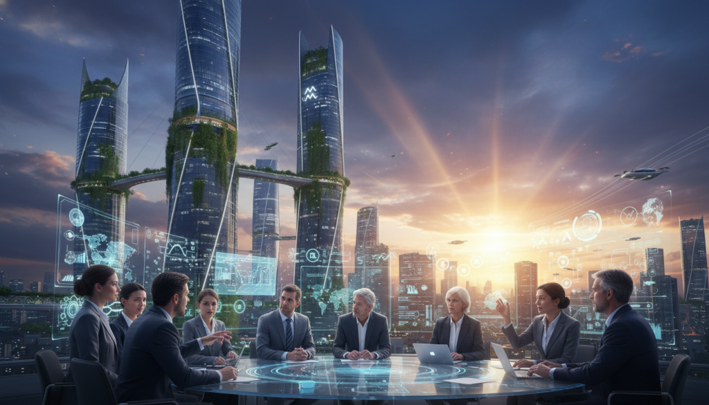 A futuristic cityscape reflecting the innovative spirit of the Aquarius zodiac sign. In the foreground, a diverse group of professionals in smart business attire, engaged in a lively brainstorming session surrounded by holographic displays of ideas and concepts. In the middle ground, sleek skyscrapers adorned with green technology elements like vertical gardens and solar panels, symbolizing ambition and progress. The background features a vibrant sky at dusk, filled with swirling clouds illuminated by a soft, golden light, casting a warm glow over the scene. The angle is slightly elevated, providing a dynamic view that captures the essence of collaboration and ambition. The overall mood is inspiring and futuristic, emphasizing innovation and the limitless potential of Aquarius.