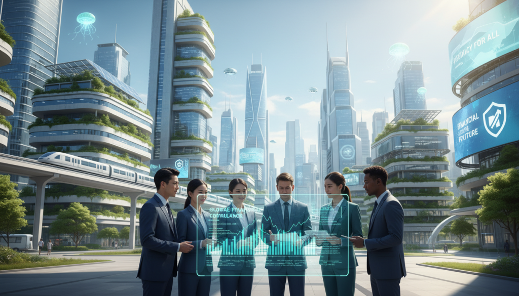 A futuristic cityscape showcasing the theme of regulation in finance. In the foreground, a diverse group of professionals in business attire—men and women of various ethnicities—are engaged in a discussion around a holographic display of financial data and regulatory graphs. The middle ground features sleek, modern buildings with green rooftops and solar panels, symbolizing sustainable growth. The background depicts a skyline with advanced technology like drones and digital billboards promoting financial literacy. Bright, natural lighting illuminates the scene, casting soft shadows. The atmosphere is hopeful and dynamic, reflecting the potential for prosperity through regulation in the financial sector.
