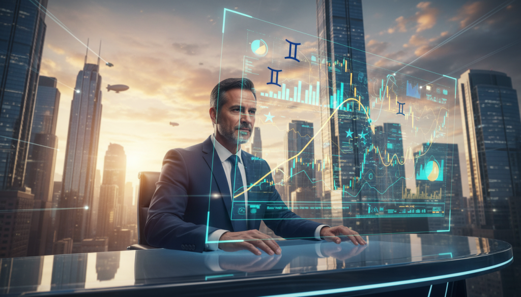 A futuristic financial advisor sitting at a sleek, high-tech desk, studying a glowing holographic display filled with charts and graphs representing economic predictions. In the foreground, the advisor, a middle-aged Hispanic man in a sharp navy suit, conveys focus and determination. The middle ground features an array of celestial symbols and astrological elements representing Gemini, subtly integrated into the digital interface. In the background, a panoramic city skyline reflects economic growth, bathed in a warm, golden light of dawn, symbolizing hope and new opportunities. The atmosphere is dynamic yet professional, capturing the essence of potential and challenge in the financial landscape. The composition is shot from a slight low angle to enhance the subject's authority and vision for the future.