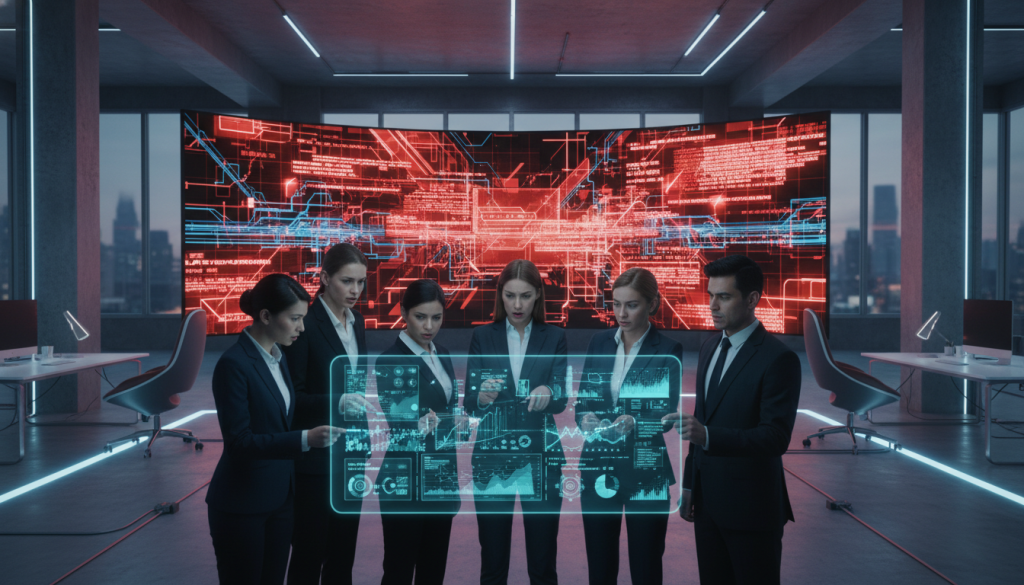 A futuristic office environment filled with advanced technology, showcasing a sleek, holographic interface displaying complex data streams and analytics. In the foreground, a diverse group of professionals in business attire are engaged in a collaborative discussion, pointing towards the holographic projections with expressions of curiosity and concern. The middle ground features a large screen highlighting technical limitations, represented visually through distorted data visuals and error messages. The background is a modern, minimalistic office, illuminated by soft, ambient lighting that conveys a sense of innovation and urgency. The atmosphere is focused yet contemplative, emphasizing the challenges of navigating through limitations in technology. Capture this scene with a wide-angle lens to enhance depth and perspective.