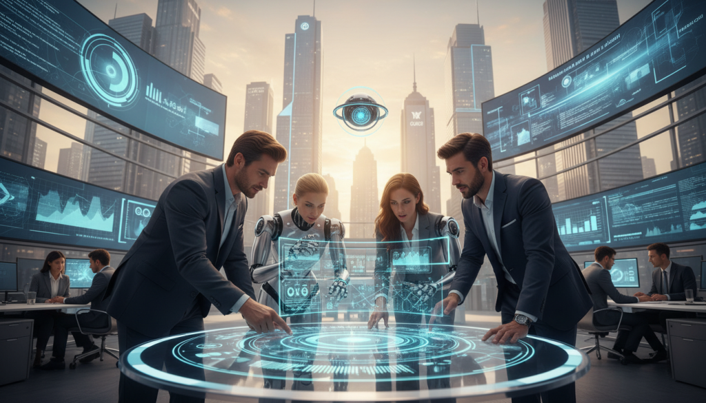 A futuristic office environment showcasing a collaboration between human entrepreneurs and artificial intelligence. In the foreground, a diverse group of professionals, dressed in smart business attire, engaged in brainstorming with a translucent, glowing holographic interface displaying data analyses and growth metrics. In the middle, advanced AI robots and digital assistants interact seamlessly with the team, representing innovation and partnership. The background features a high-tech cityscape with skyscrapers and digital billboards illuminated by the warm glow of sunset, symbolizing growth and opportunity. Soft, ambient lighting casts a professional yet optimistic atmosphere, focusing on teamwork and the integration of technology in business. The perspective is slightly angled from below, enhancing the sense of progress and collaboration.