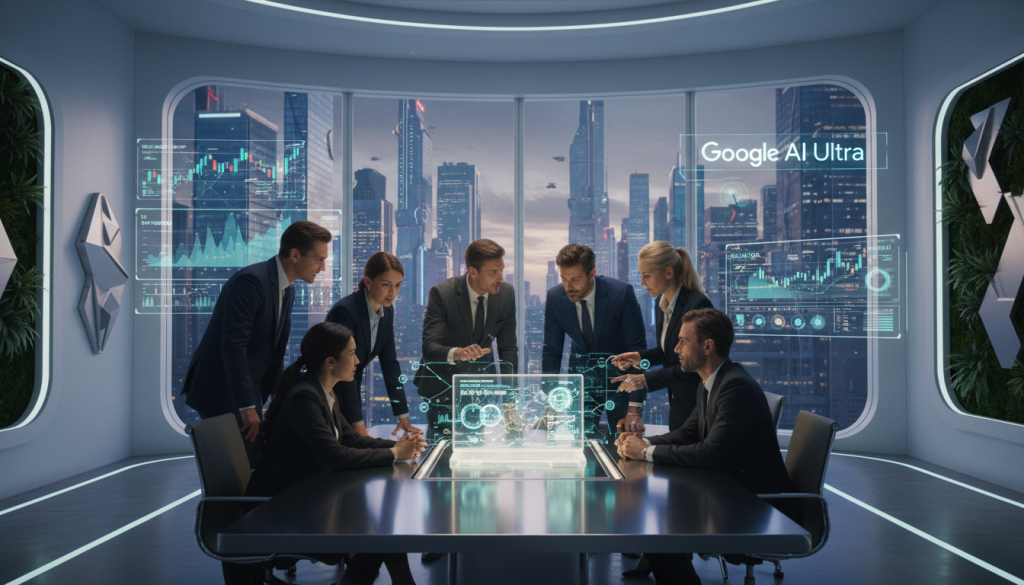 A futuristic office environment showcasing the concept of "Google AI Ultra." In the foreground, a sleek, modern table with a high-tech laptop displaying intricate AI graphs and analytics, surrounded by a diverse group of professionals in stylish business attire, deeply engaged in discussion. In the middle ground, large windows revealing a vibrant cityscape outside, with digital projections of financial data overlaying the scene, symbolizing advanced technology. The background features a minimalist design with abstract art and greenery enhancing the atmosphere. The lighting is bright and dynamic, with a warm glow illuminating the faces of the professionals, creating a collaborative and innovative mood. The angle is from a slightly elevated perspective, providing a comprehensive view of the workspace.