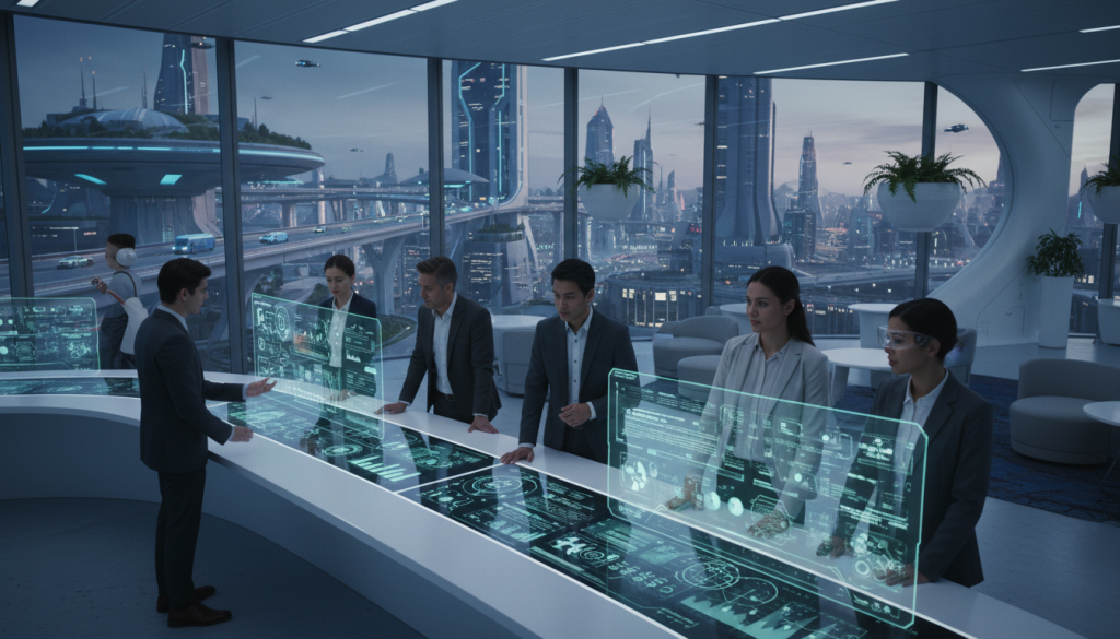 A futuristic office space showcasing the concept of "deep think automation" powered by artificial intelligence. In the foreground, a sleek, modern workstation filled with advanced tech devices, including holographic displays showing data and analytics. A diverse group of professionals, dressed in smart casual attire, collaborates around the workstation, their expressions focused and engaged. In the middle ground, large windows reveal a vibrant cityscape, hinting at a world transformed by technology. The lighting is soft and ambient, with a cool blue tone to evoke a sense of innovation and calm. The overall mood is one of optimism and collaboration, suggesting the limitless potential of AI in automating tasks.