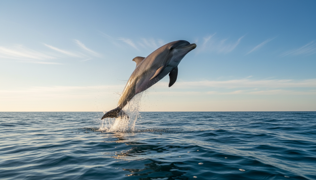 A graceful dolphin leaps joyfully above the sparkling azure waters, embodying the essence of freedom and intelligence. In the foreground, its streamlined body glistens in the warm sunlight, showcasing its sleek form and playful spirit. The middle ground features gentle waves that catch the light, creating a sense of movement and energy. In the background, a clear blue sky meets the horizon, with subtle wisps of clouds, adding depth to the scene. The lighting is vibrant and uplifting, evoking a sense of warmth and positivity. This serene atmosphere captures the dolphin's role as a symbol of liberation and wisdom, encapsulating the harmonious connection between nature and spirit. The angle is slightly below the dolphin, emphasizing its dynamic leap and highlighting its majestic presence in the ocean. A graceful dolphin leaps joyfully above the sparkling azure waters, embodying the essence of freedom and intelligence. In the foreground, its streamlined body glistens in the warm sunlight, showcasing its sleek form and playful spirit. The middle ground features gentle waves that catch the light, creating a sense of movement and energy. In the background, a clear blue sky meets the horizon, with subtle wisps of clouds, adding depth to the scene. The lighting is vibrant and uplifting, evoking a sense of warmth and positivity. This serene atmosphere captures the dolphin's role as a symbol of liberation and wisdom, encapsulating the harmonious connection between nature and spirit. The angle is slightly below the dolphin, emphasizing its dynamic leap and highlighting its majestic presence in the ocean.