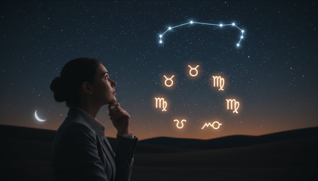 A harmonious and emotionally resonant scene depicting the astrological compatibility of the Virgo sign, with an elegant Virgo constellation shining brightly in a starry night sky. In the foreground, a wise figure symbolizes Virgo, dressed in professional attire, gently gazing at the constellation, embodying traits of analysis and care. In the middle ground, soft glowing symbols of compatible signs like Taurus and Capricorn float around, illustrating deep connections and bonds. The background features a tranquil landscape under a crescent moon, bathed in soft, warm lighting that enhances the serene atmosphere. The lens perspective captures an intimate angle, emphasizing the connection between the figure and the celestial symbols, invoking a mood of introspection and emotional depth.