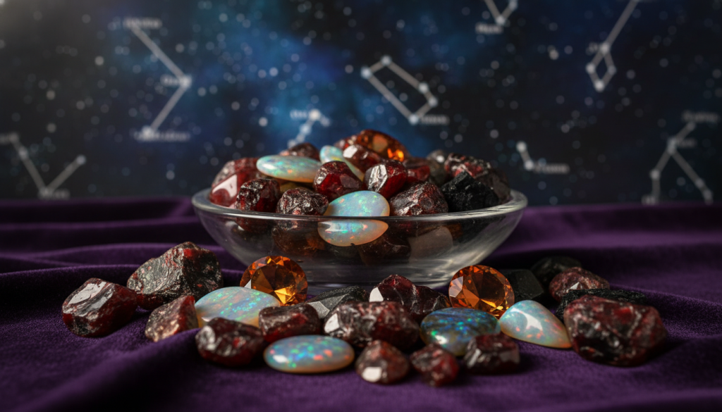 A harmonious arrangement of various gemstones associated with Scorpio, prominently featuring deep red garnet, mysterious opal, and rich topaz. In the foreground, the stones are artistically scattered on a soft, dark velvet cloth to enhance their natural luster. The middle ground showcases a crystal dish elegantly holding smaller stones, reflecting the light. In the background, a softly blurred display of celestial motifs, such as stars and constellations, creates a mystical atmosphere. The lighting is warm and ethereal, casting subtle shadows and highlights on the gems. The scene evokes a sense of spiritual protection and energy, perfect for embodying the essence of Scorpio's birth stones, inviting contemplation and connection. A harmonious arrangement of various gemstones associated with Scorpio, prominently featuring deep red garnet, mysterious opal, and rich topaz. In the foreground, the stones are artistically scattered on a soft, dark velvet cloth to enhance their natural luster. The middle ground showcases a crystal dish elegantly holding smaller stones, reflecting the light. In the background, a softly blurred display of celestial motifs, such as stars and constellations, creates a mystical atmosphere. The lighting is warm and ethereal, casting subtle shadows and highlights on the gems. The scene evokes a sense of spiritual protection and energy, perfect for embodying the essence of Scorpio's birth stones, inviting contemplation and connection.