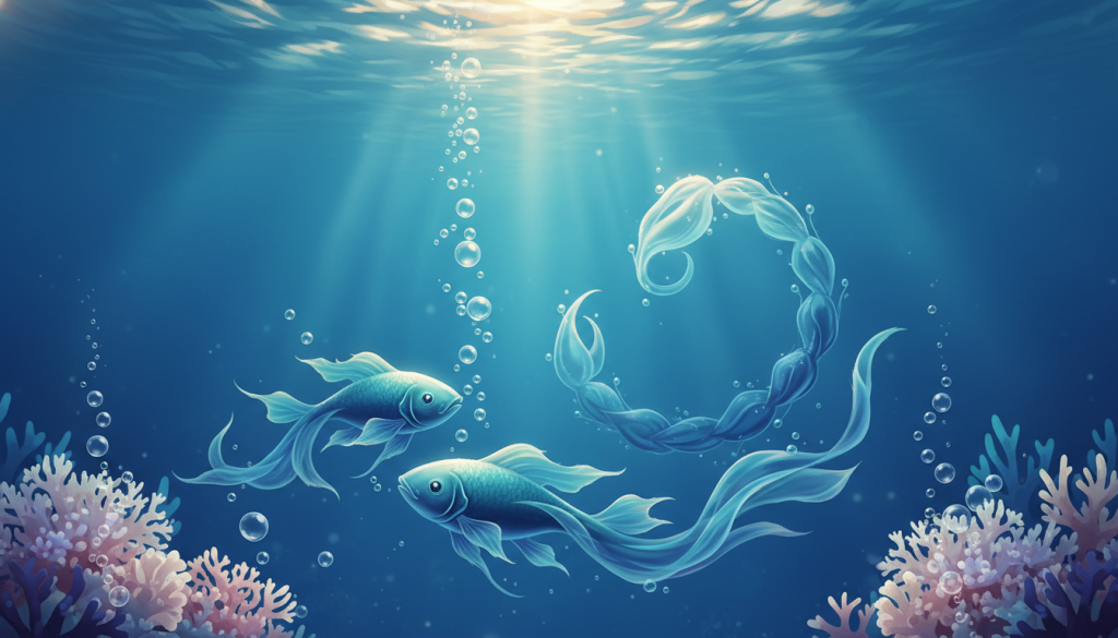 A harmonious representation of astrological compatibility between two zodiac signs, Pisces and another compatible sign, depicted in a serene, dreamlike underwater scene. In the foreground, two elegantly stylized fish, embodying the essence of Pisces, swim gracefully together, surrounded by swirling bubbles and soft coral. In the middle ground, gentle currents of water create a fluid backdrop, enhancing the sense of unity and connection. The background features a tranquil, shimmering light filtering through the water, casting soft reflections and creating a peaceful atmosphere. The color palette includes deep blues and soft pastels, evoking tranquility and love. The mood is one of warmth, unity, and emotional depth, inviting viewers to reflect on the complexities and joys of romantic relationships.
