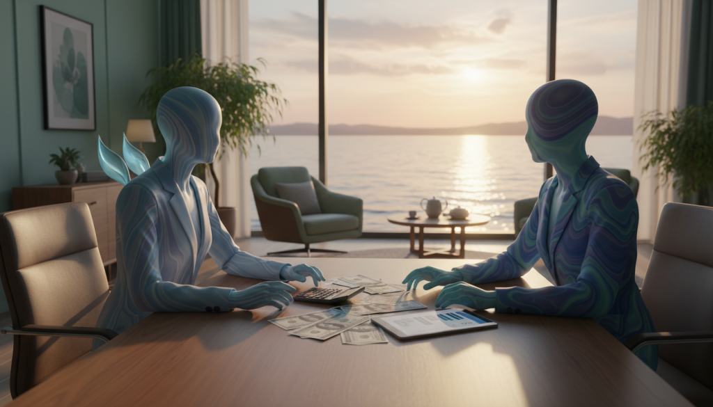 A harmonious scene illustrating the compatibility of Gemini with water signs (Cancer, Scorpio, Pisces) in financial dynamics. In the foreground, two abstract figures representing Gemini and a water sign, depicted in professional attire, engaged in a thoughtful conversation over a table with bills and a calculator. The middle ground showcases a calm, inviting office space with soft blue and green hues, symbolizing the emotional connection of water signs. In the background, a large window reveals a serene water landscape, reflecting the light of a setting sun, creating a warm atmosphere. The lighting is soft and diffused, enhancing the collaborative mood, while the angle captures a sense of intimacy and focus in their discussion. The overall ambiance should evoke trust and unity in financial matters.