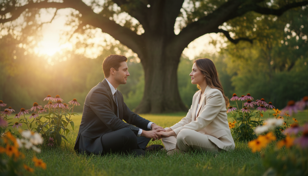 A harmonious scene representing the essence of earth signs in relationships, specifically focusing on Virgo. In the foreground, depict a serene couple engaged in a heartfelt conversation while sitting on a lush green lawn, surrounded by vibrant wildflowers. The middle ground features soft, natural woodland and a sturdy oak tree, symbolizing stability and grounding. In the background, a gentle sunset casts warm, golden light, enhancing the peaceful atmosphere. Use a soft focus lens to create a dreamy effect, embodying warmth and intimacy. The mood should evoke feelings of trust, reliability, and affectionate connection, appropriate for a personal relationship setting. Ensure the couple is dressed in professional business attire, reflecting Virgo's practical, detail-oriented nature, and avoid any distractions or elements unrelated to the essence of Virgo.