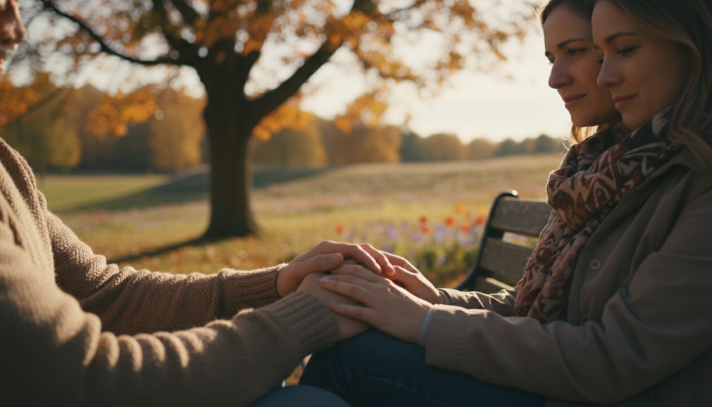 A loving couple sits on a park bench, deep in conversation, their expressions reflecting warmth and concern. The foreground captures their hands entwined, symbolizing connection and support. In the middle ground, trees sway gently, casting dappled sunlight on the couple, enhancing the mood of intimacy and healing. The background features a serene park landscape, strewn with colorful flowers, suggesting a space for reflection and emotional growth. The lighting is soft and golden, reminiscent of late afternoon, creating an inviting and calming atmosphere. Shot with a slightly blurred focus on the background, this composition emphasizes the couple's bond while illustrating the theme of emotional instability affecting relationships.
