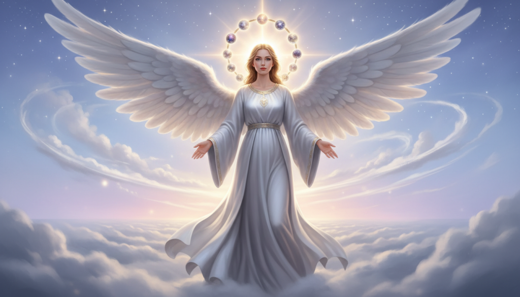 A luminous guardian angel, Ambriel, stands gracefully in the foreground, radiating soft, golden light that bathes the scene in a serene glow. Her delicate features reveal a nurturing expression, with flowing, silver robes that gently flutter as if caught in a divine breeze. Surrounding her, a halo of sparkling orbs of light symbolizes spiritual guidance and wisdom. In the middle ground, wispy clouds and ethereal wisps create a dreamlike atmosphere, enhancing the sense of protection and evolution. The background features a tranquil, twilight sky painted in soft hues of purple and blue, dotted with twinkling stars. The overall mood is peaceful and uplifting, inviting contemplation and connection to one’s spiritual journey. The lighting is soft and diffused, capturing the essence of tranquility and divine presence.