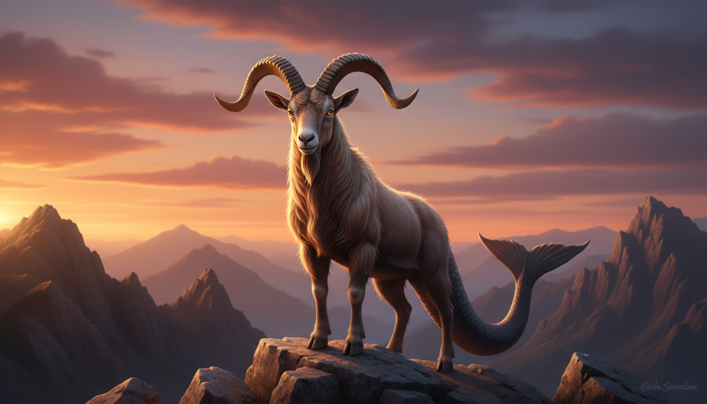 A majestic Capricorn, with the head of a goat and the lower body of a fish, stands valiantly on a rocky mountain peak at sunset. The foreground features the detailed texture of the goat's fur, glistening in the warm golden light, while its piercing eyes reflect determination and wisdom. In the middle ground, steep, craggy cliffs rise toward a vibrant sky, where hues of orange and purple blend as the sun descends. Soft clouds drift by, adding softness to the scene. The background reveals distant mountains under a calming twilight, enhancing the majestic ambiance. The overall mood conveys perseverance and strength, symbolizing the Capricorn spirit. The lighting highlights the contours of the goat, creating depth and focus on its symbolic representation of endurance and ambition.