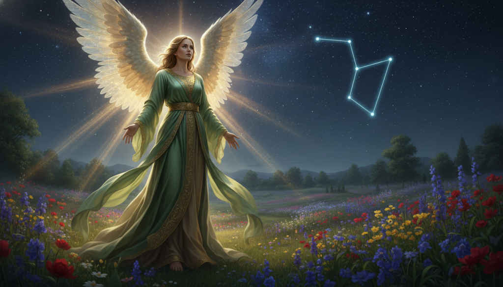A majestic angel representing the archangel protector of Virgo stands prominently in the foreground, adorned in flowing robes of soft green and gold, symbolizing purity and wisdom. The angel's wings, expansive and ethereal, shimmer with celestial light, radiating warmth and tranquility. In the middle ground, a serene landscape unfolds, featuring lush gardens filled with vibrant wildflowers, symbolizing nature's abundance and the earth element associated with Virgo. In the background, a starry night sky glimmers, with constellations depicting Virgo, creating a mystical atmosphere. The lighting is soft and divine, enhancing the angel’s luminous presence. Capture the angle from slightly below eye level, inviting viewers to feel the angel's protective aura. The overall mood is peaceful and uplifting, embodying guidance and connection to the celestial realm. A majestic angel representing the archangel protector of Virgo stands prominently in the foreground, adorned in flowing robes of soft green and gold, symbolizing purity and wisdom. The angel's wings, expansive and ethereal, shimmer with celestial light, radiating warmth and tranquility. In the middle ground, a serene landscape unfolds, featuring lush gardens filled with vibrant wildflowers, symbolizing nature's abundance and the earth element associated with Virgo. In the background, a starry night sky glimmers, with constellations depicting Virgo, creating a mystical atmosphere. The lighting is soft and divine, enhancing the angel’s luminous presence. Capture the angle from slightly below eye level, inviting viewers to feel the angel's protective aura. The overall mood is peaceful and uplifting, embodying guidance and connection to the celestial realm.