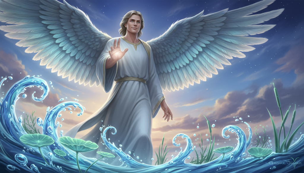 A majestic archangel Gabriel stands in a serene, ethereal setting, symbolizing protection for the water signs. In the foreground, Gabriel is depicted with radiant wings, detailed feathers shimmering in soft shades of blue and silver. His expression is calm and assuring as he extends one hand, surrounded by gentle light. In the middle ground, there are symbolic representations of the water elements—flowing waves, droplets, and aquatic plants, enhancing the theme of emotional depth and intuition. The background features a tranquil, twilight sky with soft clouds and stars beginning to emerge. The overall lighting is soft and heavenly, creating a warm atmosphere filled with hope and guidance. Capture this with a slightly low angle to highlight Gabriel's prominence, emphasizing his role as a protector.