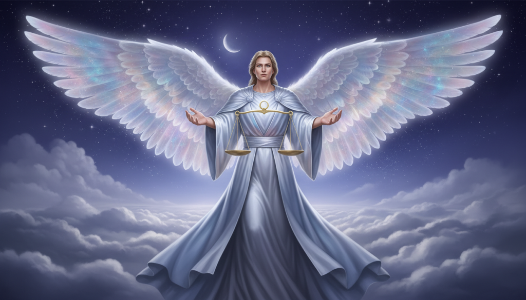 A majestic archangel representing Libra stands in the foreground, adorned in delicate silver and light blue robes that shimmer softly. His wings are large and ethereal, exuding a radiant glow that reflects harmony and balance. In his hands, he gently holds a shining scale, symbolizing justice and equilibrium. The middle ground features a celestial setting with soft clouds and twinkling stars, creating a sense of serenity. In the background, a tranquil night sky blends rich blues and purples, illuminated by a crescent moon, casting a gentle light over the scene. The atmosphere is peaceful and uplifting, evoking a sense of divine guidance. The image is well-lit with soft, diffused lighting that enhances the angel's ethereal qualities, shot from a slightly low angle to impart majesty.