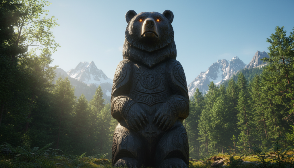 A majestic bear totem stands tall and powerful in the foreground, intricately carved from dark wood, showcasing ancient symbols etched into its surface that reflect strength and resilience. The bear's eyes glimmer with wisdom and protection, capturing the essence of the Taurus spirit. In the middle ground, a lush green forest surrounds the totem, with sunlight filtering through the leaves, casting dappled golden light on the bear. Soft shadows create a serene atmosphere, evoking feelings of grounding and stability. In the background, majestic mountains rise against a clear blue sky, symbolizing the untamed spirit of nature. The scene is captured from a low angle, emphasizing the height and stature of the totem, with warm, inviting light enhancing the sense of tranquility and spiritual connection.